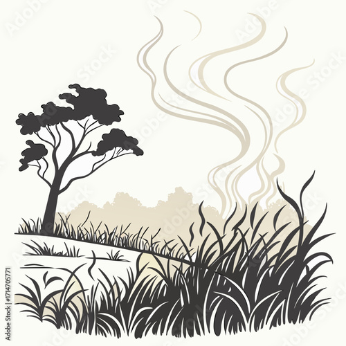 Stylized illustration of a lone acacia tree in a savanna landscape with smoke rising from a distant fire