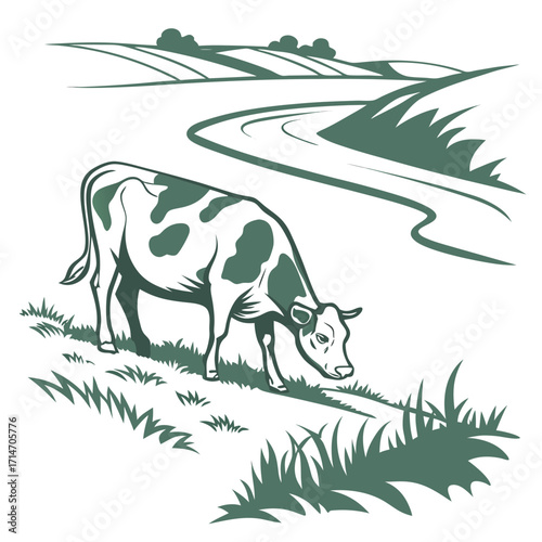 Stylized illustration of a spotted cow grazing in a lush green field with rolling hills and a winding path