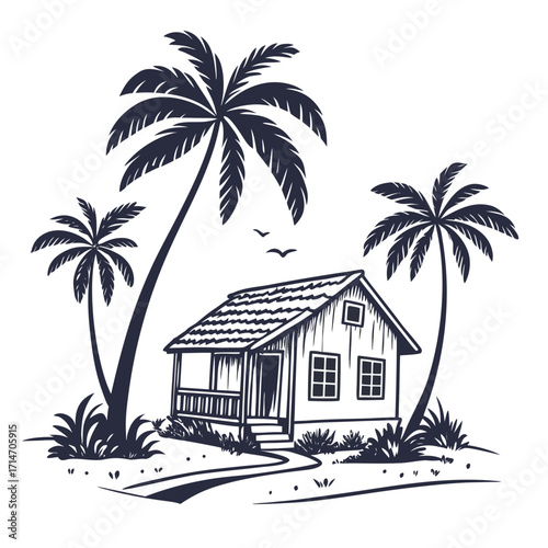 Tropical beach bungalow with palm trees and a winding path under a clear sky