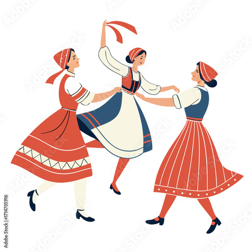 Three women in traditional folk costumes dancing joyfully together in a circle