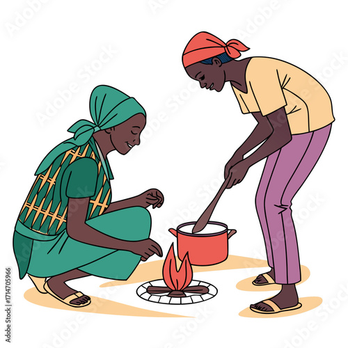 Two women cooking food over an open fire outdoors in a rural setting