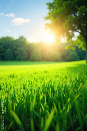 Vibrant green field bathed in bright sunlight, a picturesque summer scene perfect for nature-themed projects Enjoy this lush, sunny landscape image , healthy, flora, vibrant green