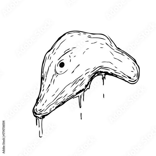 Unconventional creature sketch portrays a melancholic mood with drippings in a minimalist design