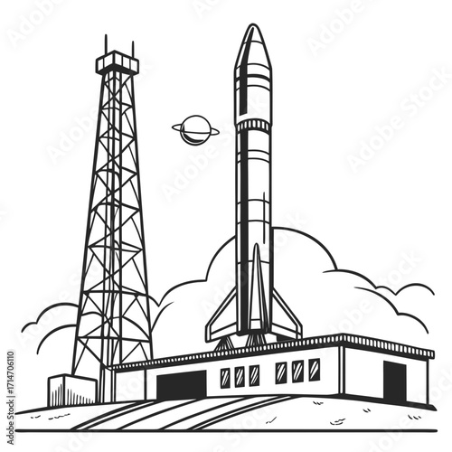 A black and white illustration of a rocket on a launchpad with a launch tower and a planet in the sky