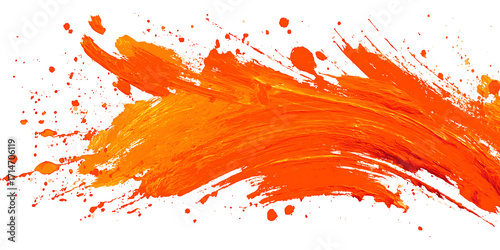 Orange Paint Brush Stroke with Splatter Texture Isolated on Transparent Background