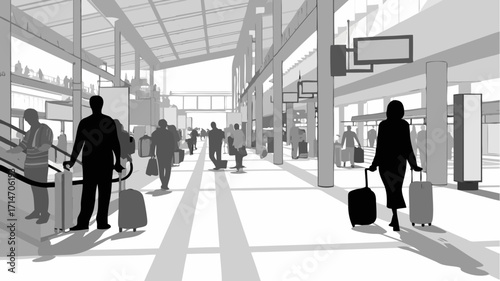 Modern airport scene featuring travelers with luggage, perfect for travel and transport themes