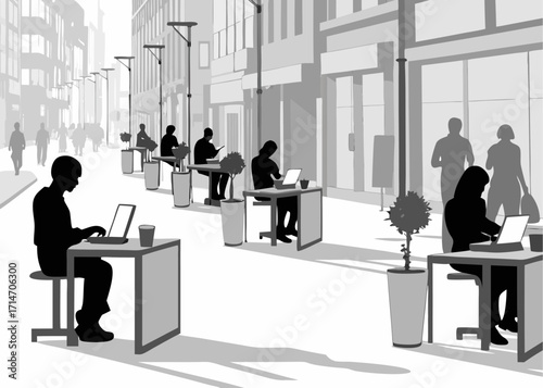 People working remotely at outdoor cafes, enjoying the city atmosphere with laptops and coffee