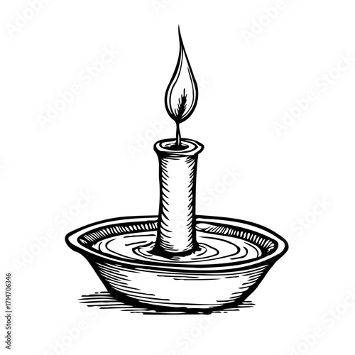 Vintage single candle flame glowing in a simple holder casting soft light drawing