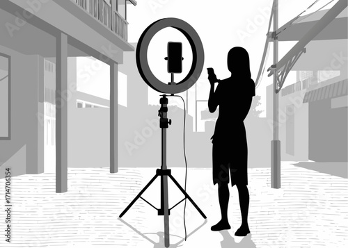 Modern influencer creating content with ring light and phone outdoors, connecting with followers