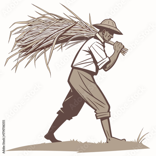 Farmer carrying a large bundle of harvested wheat stalks over his shoulder on a grassy field
