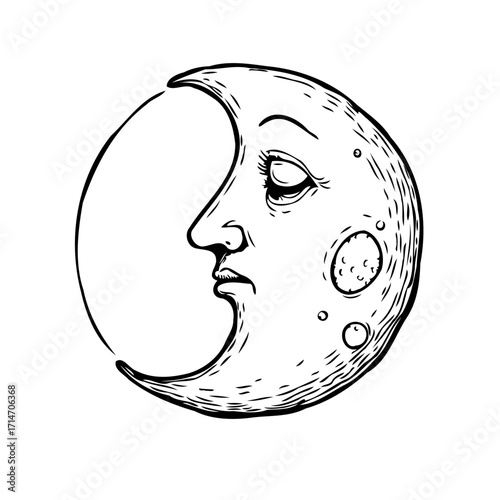 Vintage sleepy crescent moon illustration with face and dotted texture in black and white