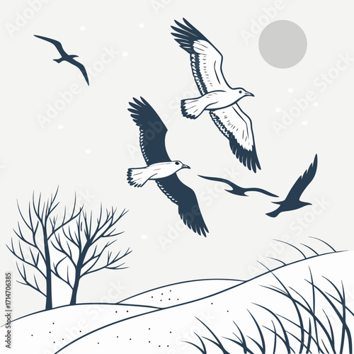 Flock of seagulls soaring gracefully over a serene winter landscape with bare trees and rolling hills