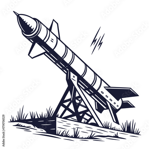 Retro styled rocket poised for launch on a stand with lightning bolts above