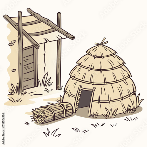 Primitive thatched hut and simple shelter with bundle of wheat stalks in a rustic landscape