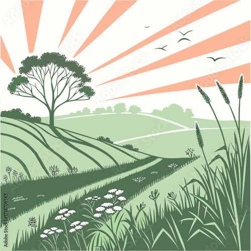 Stylized illustration of a rolling green landscape with a lone tree under a rising sun and flying birds