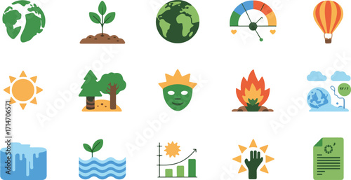 Environmental icons set with earth, seedling, planet, climate gauge, hot air balloon, sun, forest, green mask, fire, water earth, aquatic plant, growth chart, hand sun, and eco document