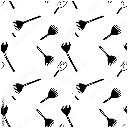 Whimsical black and white doodle pattern featuring rakes and garden tools creating an organic feel