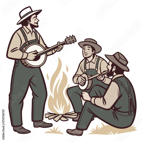 Three men in overalls and hats playing banjos and singing around a campfire at night