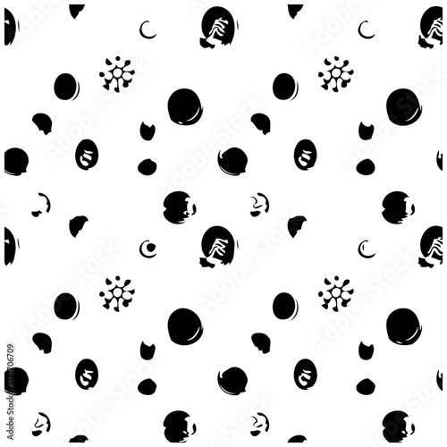 Whimsical black and white grunge pattern features diverse abstract shapes creating playful visual