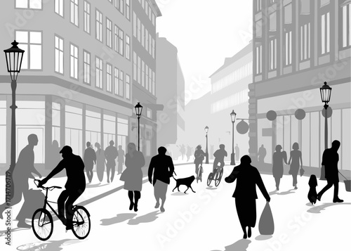 Vibrant city street scene bustling with diverse people, cyclists, and pets on a bright day