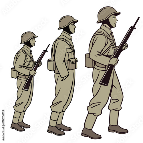 Three soldiers in uniform marching in a line with rifles against a white background