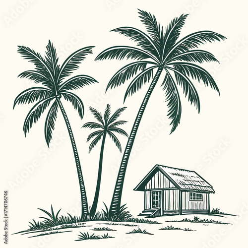 Tropical paradise scene with tall palm trees and a charming thatched roof hut on a sandy shore