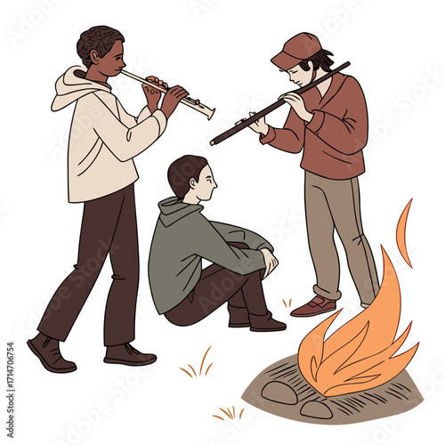 Three young people playing woodwind instruments around a campfire in an outdoor setting
