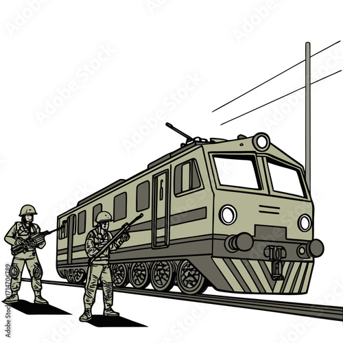 Two soldiers in uniform holding rifles stand guard next to a military train on tracks