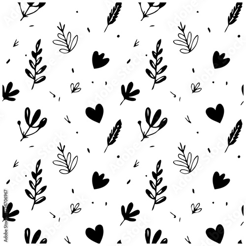 Whimsical botanical pattern featuring minimalist leaves hearts and scattered dots creates a