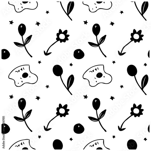 Whimsical botanical pattern with sketched floral elements creating a seamless and playful