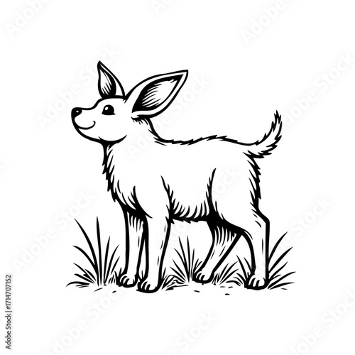 Whimsical canine illustration featuring a charming chihuahua amidst stylized grass, a delightful