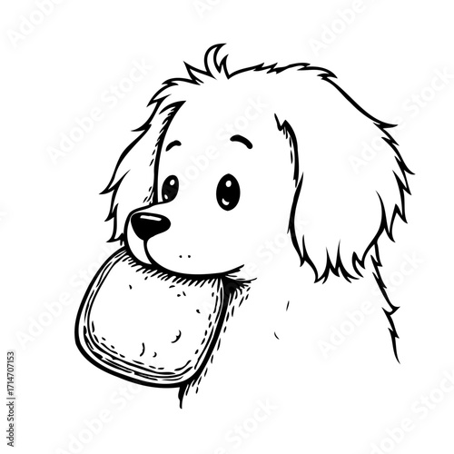 Whimsical canine companion stealing a slice of bread in a playful monochrome sketch illustration