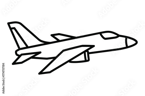 Minimalist line art drawing of a tactical military fighter jet, a simple black and white vector graphic icon for aviation and air power concepts.