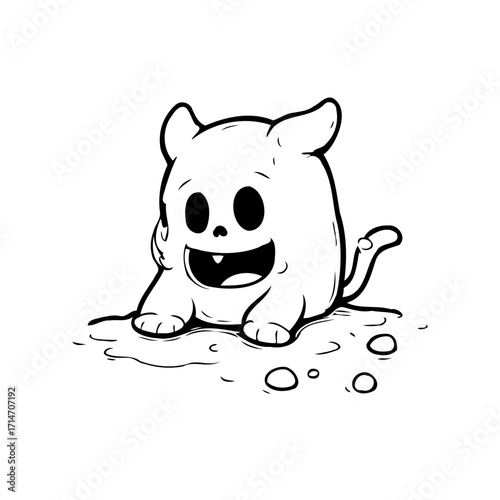 Whimsical cartoon creature exploration evoking simple monochrome innocence with a cute character