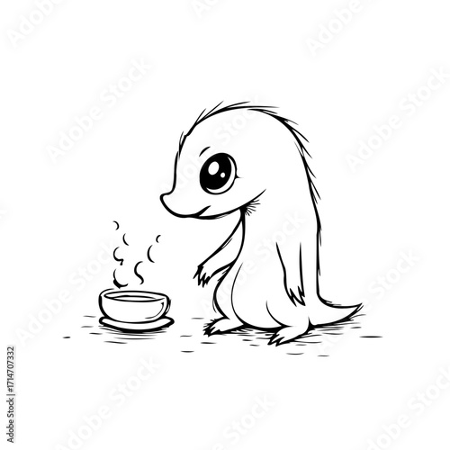 Whimsical creature contemplates warm bowl of sustenance in monochrome drawing evokes simple joys