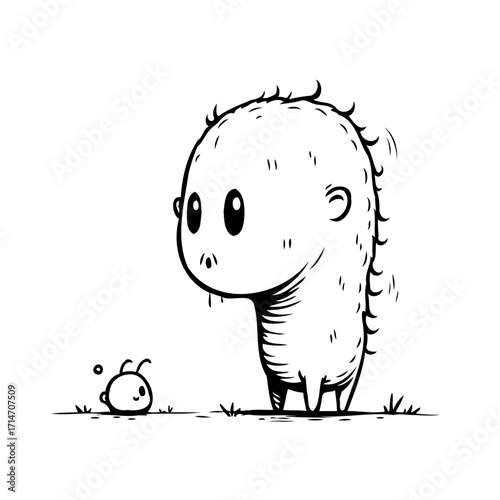 Whimsical encounter between a gentle giant and a curious little friend in monochrome illustration