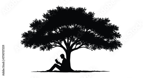 A solitary figure reading a book beneath a large leafy tree