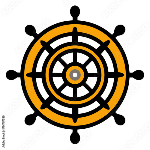 Stylized nautical ship s wheel with orange and black accents