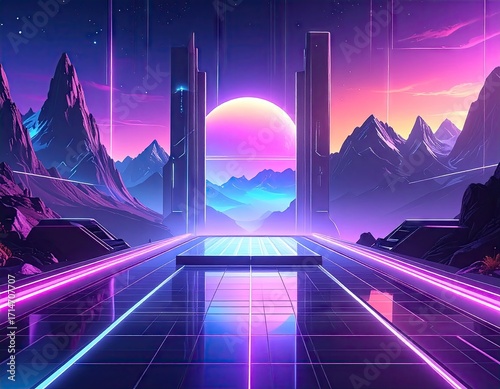 Futuristic Glowing Landscape with Purple and Pink Neon Lights
