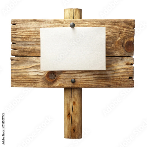 Rustic Wooden Sign Post with Blank White Paper on Transparent Background Isolated