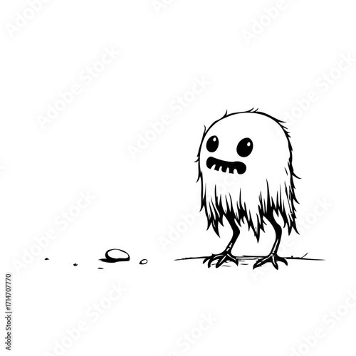 Whimsical furry creature's contemplation of scattered pebbles in a minimalist monochrome fantasy