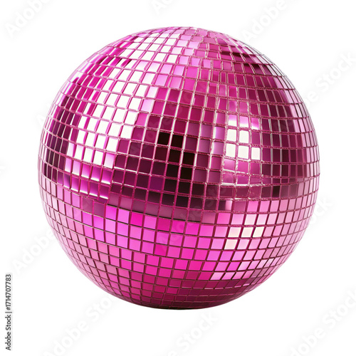Shiny Pink Disco Ball with Mirrored Tiles on Transparent Background Isolated on Black