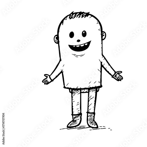 Whimsical hand drawn cartoon character with simple features radiating happiness and embracing open