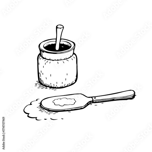 Whimsical hand drawn illustration featuring a jar, spoon, and spilled substance in black and white