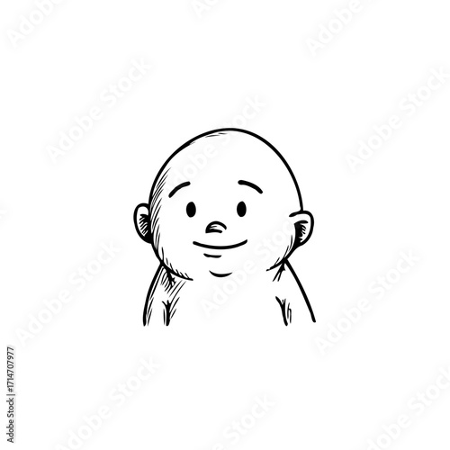 Whimsical hand-drawn illustration of a cheerful bald character radiating positivity and playful