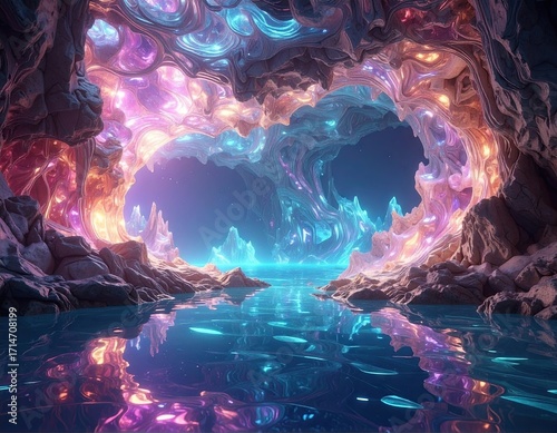 Futuristic Glowing Neon Cave Harbor with Holographic Waters