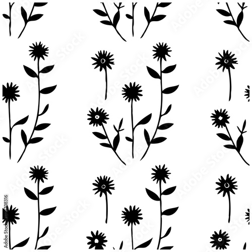 Whimsical monochrome floral silhouette pattern featuring delicate botanical elements creating a
