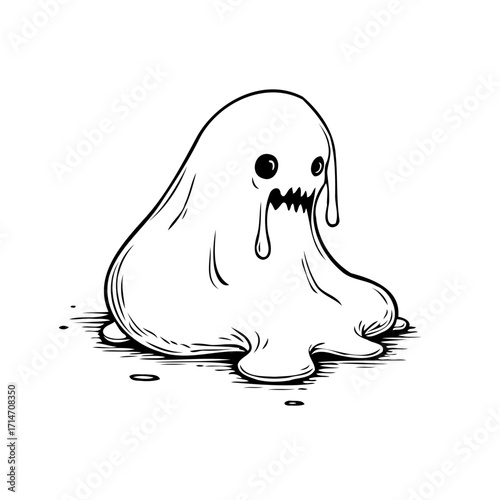 Whimsical monochrome illustration of a drippy specter character with funny expressions on a white