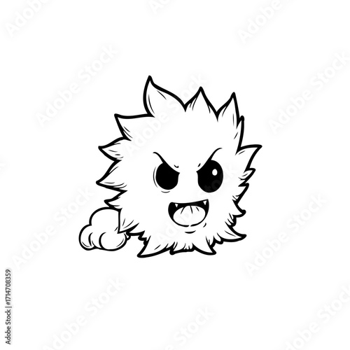 Whimsical monochrome illustration of a cute monster character with playful expression creating