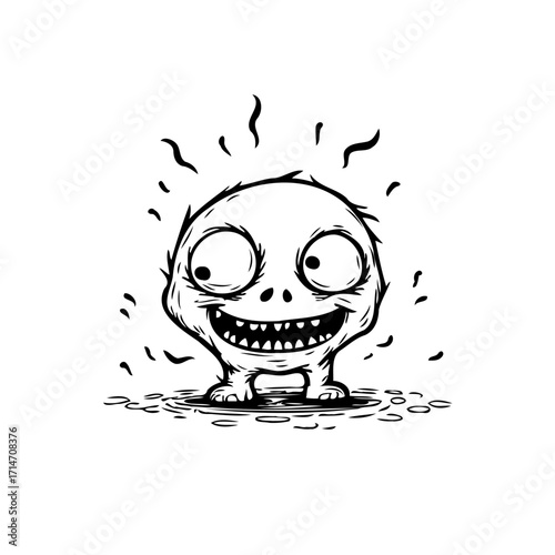 Whimsical monster character illustration featuring wide eyes and a toothy grin in simple line art